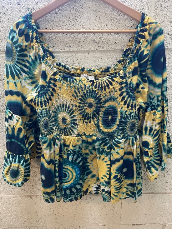 Tops - Terra & Sky Boho Floral Smocked Peasant Top - Yellow & Teal